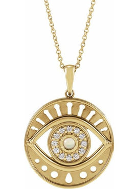 14K Rose Gold Natural Ethiopian Opal & 1/6 CTW Natural Diamond Evil Eye Pendant