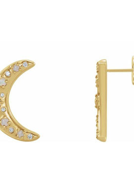 14K White Gold Natural White Opal & 1/8 CTW Natural Diamond Crescent Moon Earrings