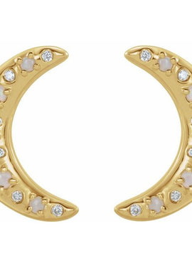 14K White Gold Natural White Opal & 1/8 CTW Natural Diamond Crescent Moon Earrings