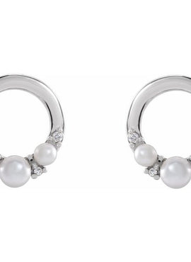 14K Rose Gold Cultured White Seed Pearl & .06 CTW Natural Diamond Circle Earrings