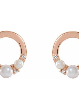 14K Rose Gold Cultured White Seed Pearl & .06 CTW Natural Diamond Circle Earrings