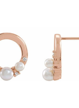 14K Rose Gold Cultured White Seed Pearl & .06 CTW Natural Diamond Circle Earrings