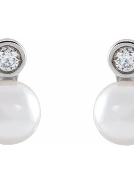 14K Rose Gold Cultured White Akoya Pearl & .06 CTW Natural Diamond Earrings