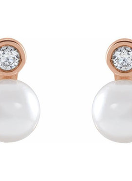 14K Rose Gold Cultured White Akoya Pearl & .06 CTW Natural Diamond Earrings