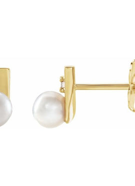 14K Yellow Gold Cultured White Akoya Pearl & .03 CTW Natural Diamond Geometric Earrings