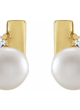 14K Yellow Gold Cultured White Akoya Pearl & .03 CTW Natural Diamond Geometric Earrings