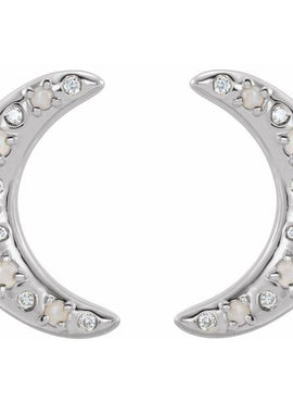 14K White Gold Natural White Opal & 1/8 CTW Natural Diamond Crescent Moon Earrings