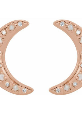 14K White Gold Natural White Opal & 1/8 CTW Natural Diamond Crescent Moon Earrings