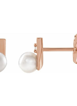 14K Yellow Gold Cultured White Akoya Pearl & .03 CTW Natural Diamond Geometric Earrings