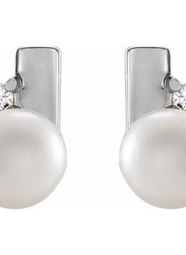 14K Yellow Gold Cultured White Akoya Pearl & .03 CTW Natural Diamond Geometric Earrings
