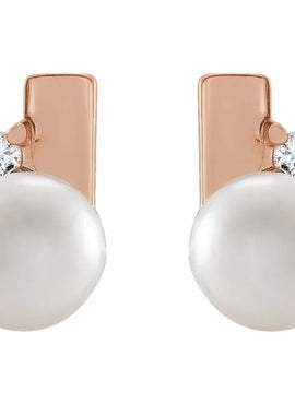 14K Yellow Gold Cultured White Akoya Pearl & .03 CTW Natural Diamond Geometric Earrings