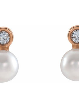 14K Rose Gold Cultured White Akoya Pearl & .06 CTW Natural Diamond Earrings