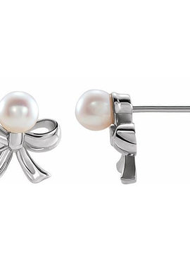 14K Rose Gold Cultured White Akoya Pearl Bow Earrings