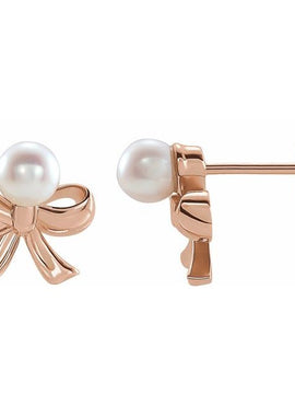 14K Rose Gold Cultured White Akoya Pearl Bow Earrings