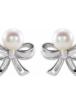 14K Rose Gold Cultured White Akoya Pearl Bow Earrings