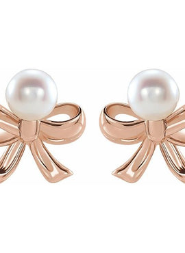 14K Rose Gold Cultured White Akoya Pearl Bow Earrings