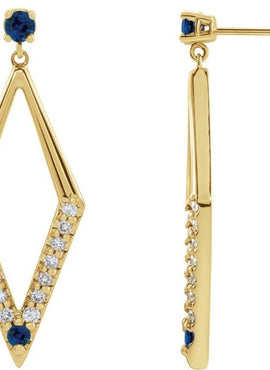 14K White Gold Natural Blue Sapphire & 3/8 CTW Natural Diamond Geometric Earrings