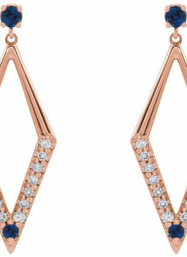 14K White Gold Natural Blue Sapphire & 3/8 CTW Natural Diamond Geometric Earrings