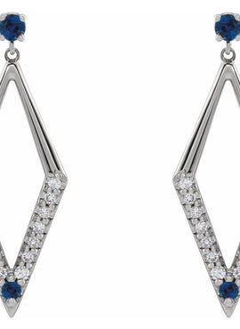 14K White Gold Natural Blue Sapphire & 3/8 CTW Natural Diamond Geometric Earrings