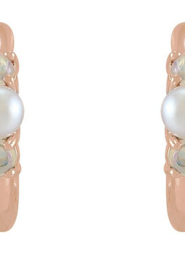 14K Rose Gold Cultured White Seed Pearl & Natural White Ethiopian Opal Huggie Earrings