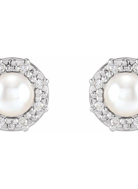 14K White Gold Cultured White Akoya Pearl & .07 CTW Natural Diamond Halo-Style Earrings