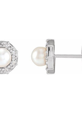 14K White Gold Cultured White Akoya Pearl & .07 CTW Natural Diamond Halo-Style Earrings