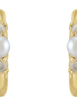 14K Rose Gold Cultured White Seed Pearl & Natural White Ethiopian Opal Huggie Earrings