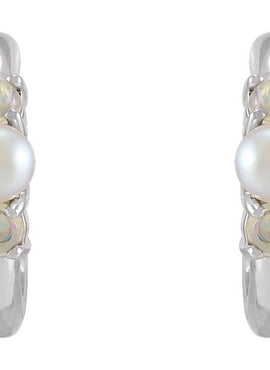 14K Rose Gold Cultured White Seed Pearl & Natural White Ethiopian Opal Huggie Earrings
