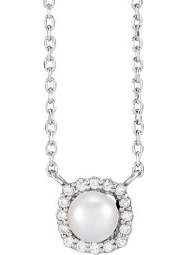 Sterling Silver Cultured White Akoya Pearl .06 CTW Natural Diamond Halo-Style 16