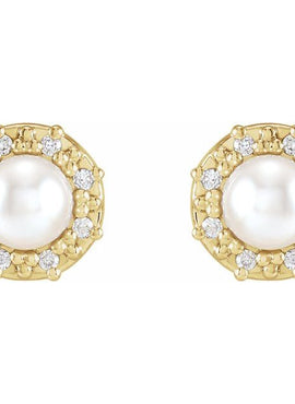 14K White Gold Cultured White Akoya Pearl & .07 CTW Natural Diamond Halo-Style Earrings