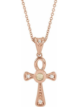 14K Rose Gold Natural Turquoise & .04 CTW Natural Diamond Ankh Cross Pendant