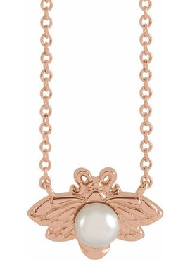 14K Rose Gold Cultured White Akoya Pearl Bee 16