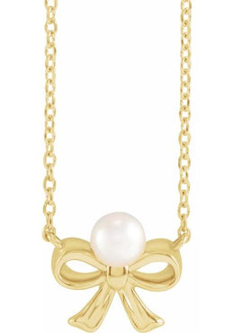 14K Rose Gold Cultured White Akoya Pearl Bow 18