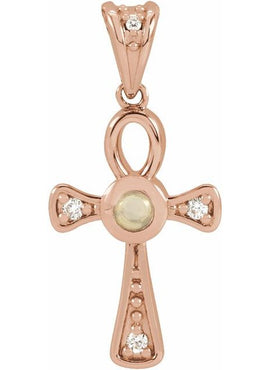 14K Rose Gold Natural Turquoise & .04 CTW Natural Diamond Ankh Cross Pendant