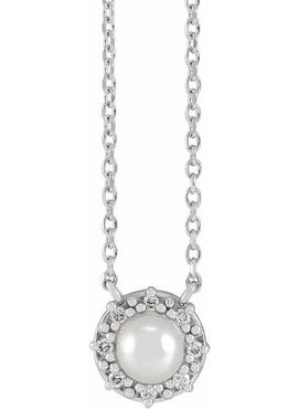 Sterling Silver Cultured Akoya Pearl & .03 CTW Natural Diamond Halo-Style 16