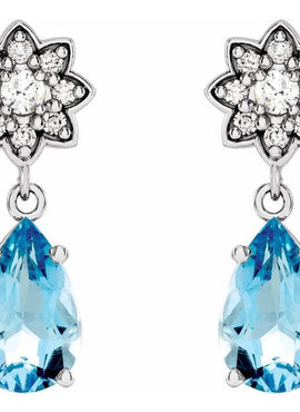 Platinum Aquamarine & 1/6 CTW Diamond Cluster Earrings