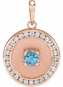 14K Rose Gold Natural Aquamarine & 1/4 CTW Natural Diamond Disc Pendant