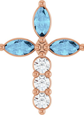 14K Yellow Gold Natural Aquamarine & 1/10 CTW Natural Diamond Cross Pendant