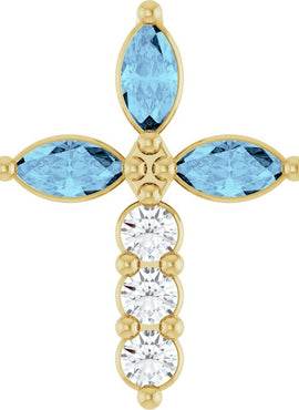 14K Yellow Gold Natural Aquamarine & 1/10 CTW Natural Diamond Cross Pendant