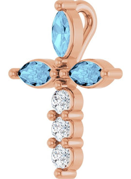 14K Yellow Gold Natural Aquamarine & 1/10 CTW Natural Diamond Cross Pendant