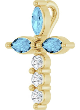 14K Yellow Gold Natural Aquamarine & 1/10 CTW Natural Diamond Cross Pendant