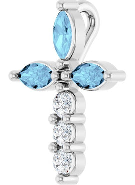 14K Yellow Gold Natural Aquamarine & 1/10 CTW Natural Diamond Cross Pendant