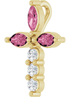 14K Yellow Gold Natural Aquamarine & 1/10 CTW Natural Diamond Cross Pendant
