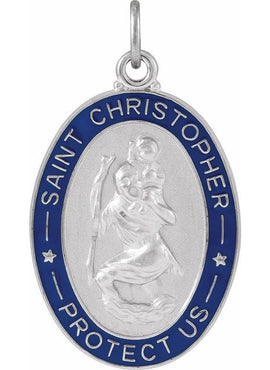 Sterling Silver 26x20 mm Blue Enamel St. Christopher Medal 24