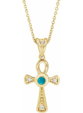 14K Rose Gold Natural Turquoise & .04 CTW Natural Diamond Ankh Cross Pendant