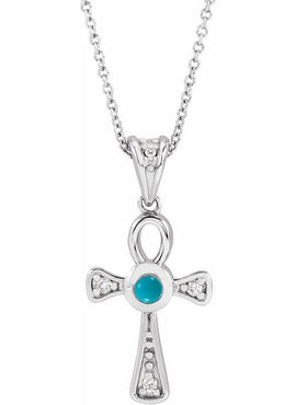 14K Rose Gold Natural Turquoise & .04 CTW Natural Diamond Ankh Cross Pendant
