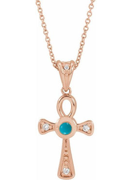 14K Rose Gold Natural Turquoise & .04 CTW Natural Diamond Ankh Cross Pendant