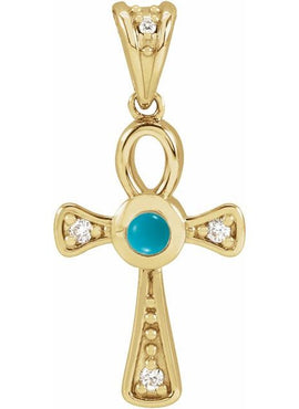 14K Rose Gold Natural Turquoise & .04 CTW Natural Diamond Ankh Cross Pendant