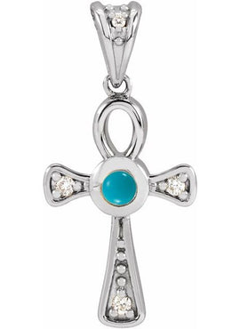 14K Rose Gold Natural Turquoise & .04 CTW Natural Diamond Ankh Cross Pendant