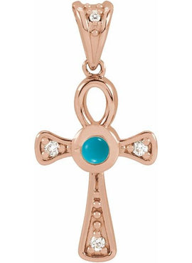 14K Rose Gold Natural Turquoise & .04 CTW Natural Diamond Ankh Cross Pendant